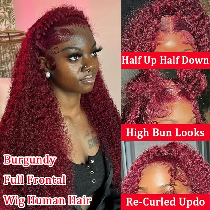 99J Burgundy Lace Front Wigs Human Hair 24 Inch Deep Wave Lace Front Wigs Human Hair Pre Plucked Red Curly 13x6 HD Colored Frontal Glueless Wet and Wavy Deep Wave