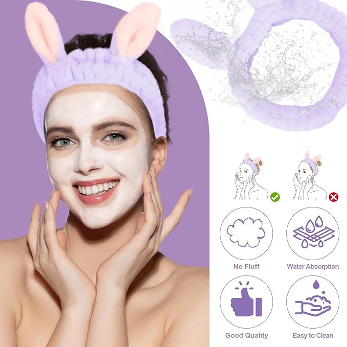 Jowmoy Cute Rabbit Ears Headband Frog Eye Elastic to Wash Face for Women Makeup Shower Spa.