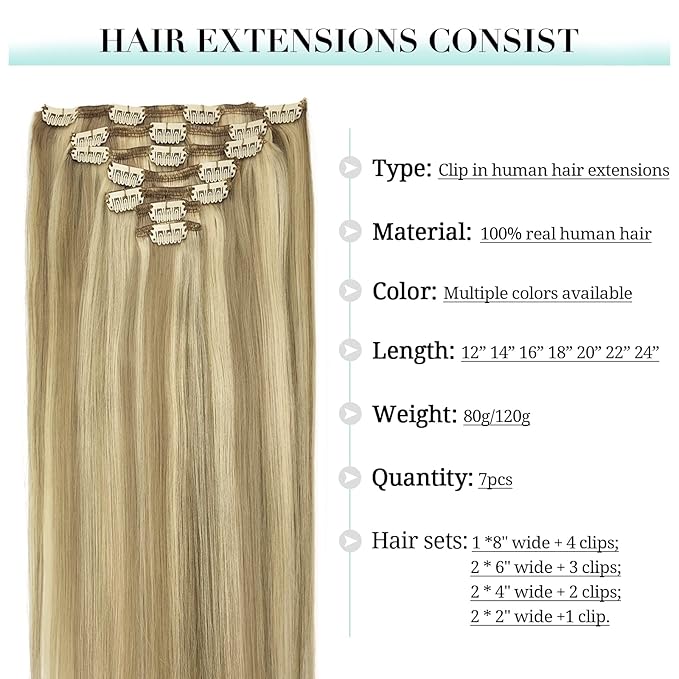 DOORES Clip in Hair Extensions Balayage Light Blonde Highlighted Golden Blonde Remy Human Hair Extensions Clip in Straight Thick 16 Inch 120g 7pcs Real Natural Hair Extensions