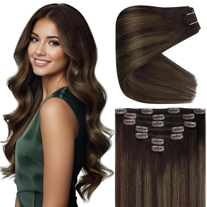 Ve Sunny Clip in Hair Extensions Dark Brown Balayage Medium Brown Remy Hair Extensions Real Human Hair for Women Thickness 16inch 100g 7pcs