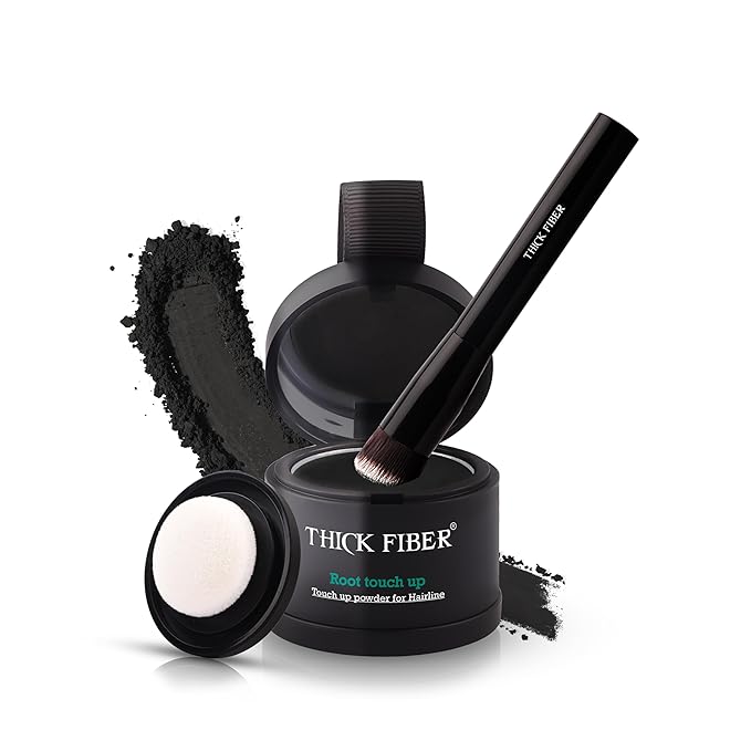 THICK FIBER Root Touch Up Powder - Water & Sweat Resistant Hair Loss Concealer Set for Thinning Hair Women, Includes Brush (Black)