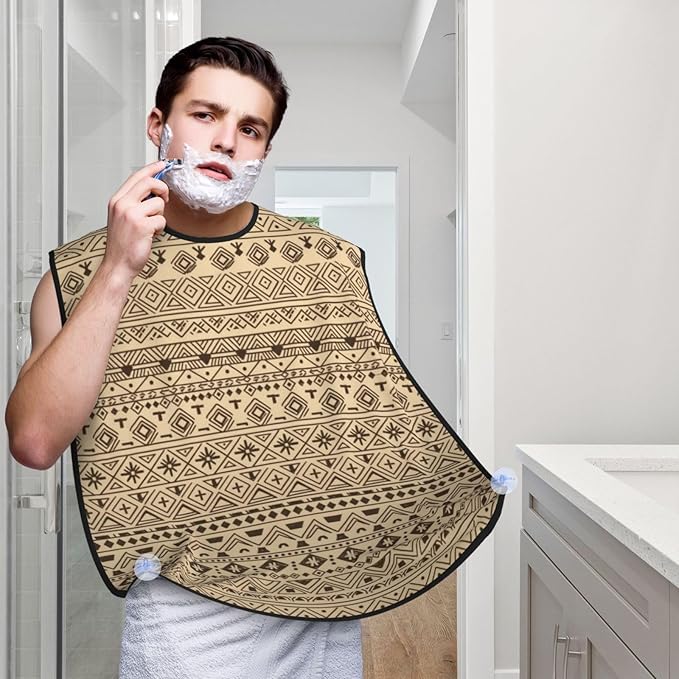 Beard Hair Catcher Bib, Waterproof Non-Stick Grooming Apron for Shaving Trimming, Perfect for Men Dad, Black Mud Beige and Brown Traditional Ethnic African Mudcloth White Abstract Boho Shave Bib