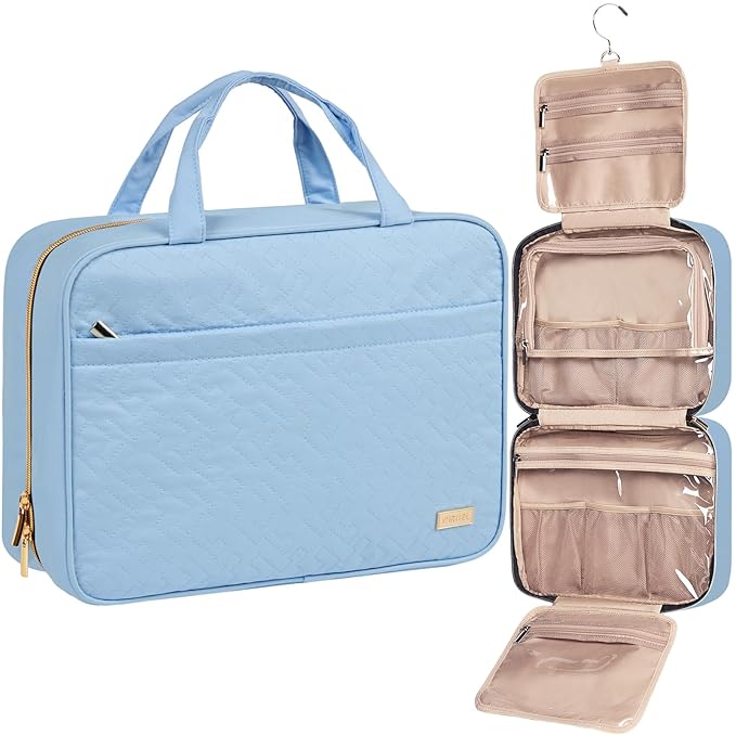 NISHEL Travel Toiletry Bag for women, Portable Hanging Organizer for Family-Sized Shampoo, Conditioner, Brushes Set, Makeup Accessories, Extra Large Size, Placid-Blue