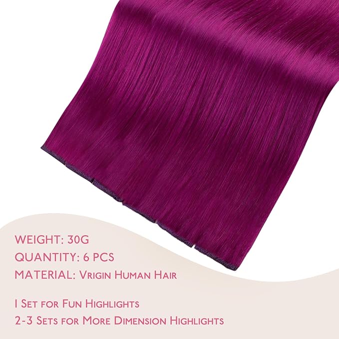 WENNALIFE Violet Clip in Hair Extensions Real Human Hair 35g 6pcs 20 Inch Colored Hair Extensions for Kids Women Colorful Hair Pieces Pop-up Style Straight Extensiones De Cabello Humano Con Clip
