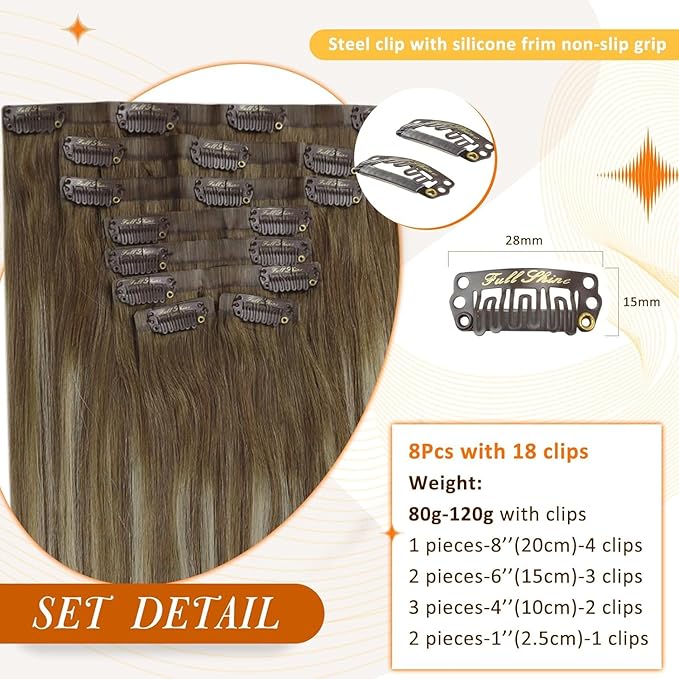 Full Shine Seamless Clip in Hair Extension with PU Weft Brown Balayage Chestnut Brown Ombre Platinum Blonde Short Hair Extensions Clip in Extensions for Women 12 Inch 8 Pcs 95 Grams