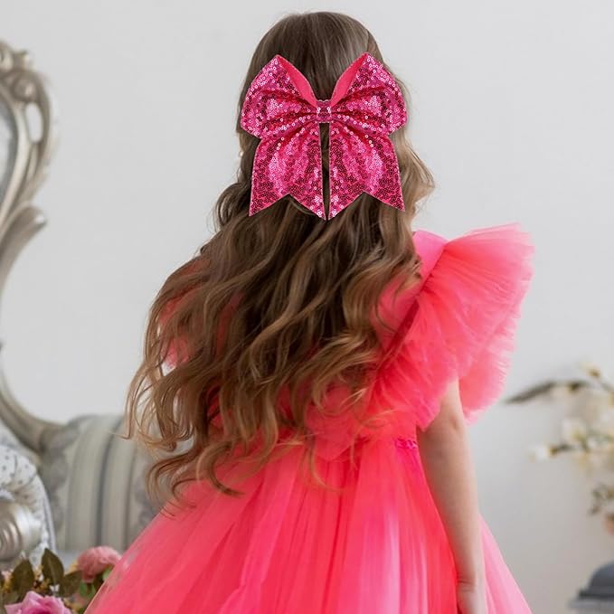 Large Big 7 Inch Glitter Bow Clip Sequin Bling Party Hair Accessories for Women Teens Girls Kids 2 Pcs (HotPink, LightPurple)