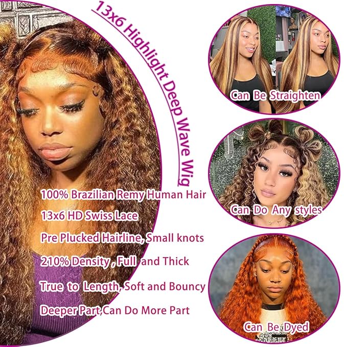 32inch Highlight Curly Lace Front Wigs Human Hair 13x6 Ombre Deep Wave Lace Front Wig Human Hair Pre Plucked P4/27 210% Density HD Lace Frontal Curly Human Hair Wig for Women