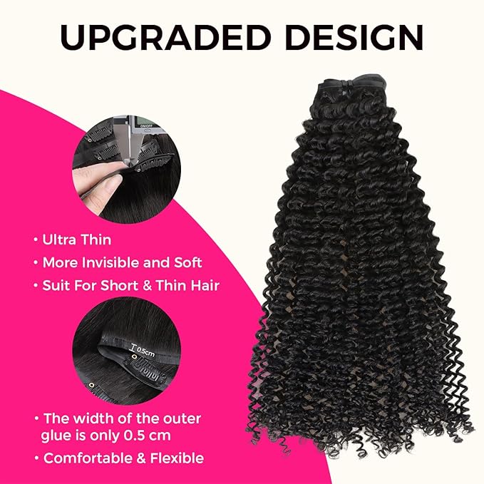 Lashey Kinky Curly Clip in Hair Extensions 110g 7pcs 18 Inch Natural Black Seamless Clip ins Hair Extensions Real Human Hair Soft Invisible Clip ins for Black Women