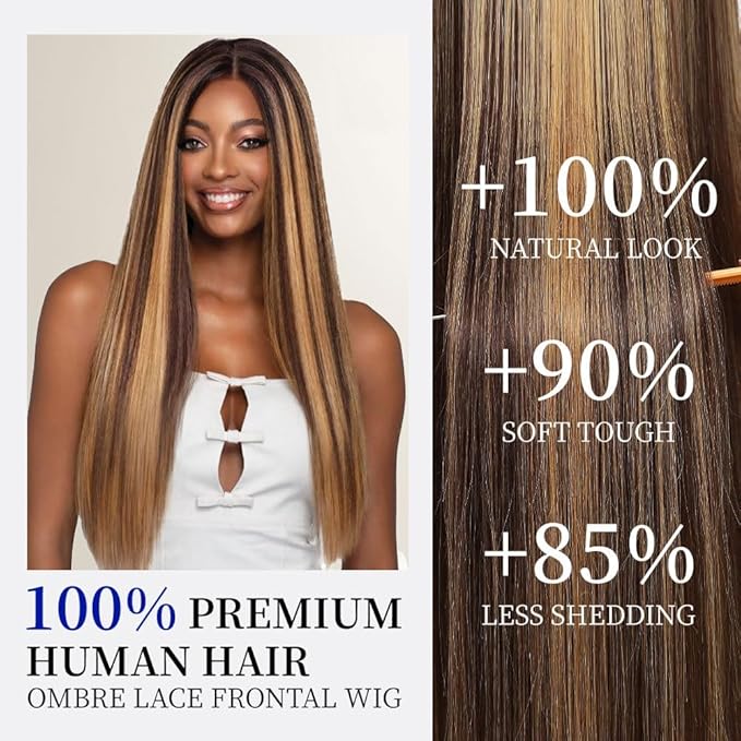 Ombre Lace Front Wig Human Hair 13x6 HD Lace Frontal Real Virgin Human Hair Wig 4/27 Colored Honey Blonde Straight Wigs Human Hair Pre Plucked Tangle-Free 200 Density 26 Inch