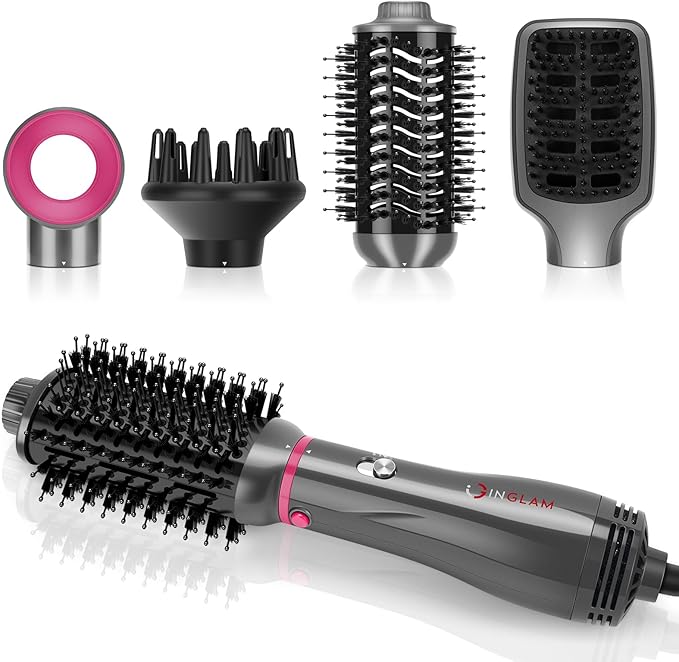 IG INGLAM 4 in 1 Hot Air Brush, Negative Ion Detachable Hair Styler & Volumizer with 2 Brush Heads, Updated Push Switch, Gray
