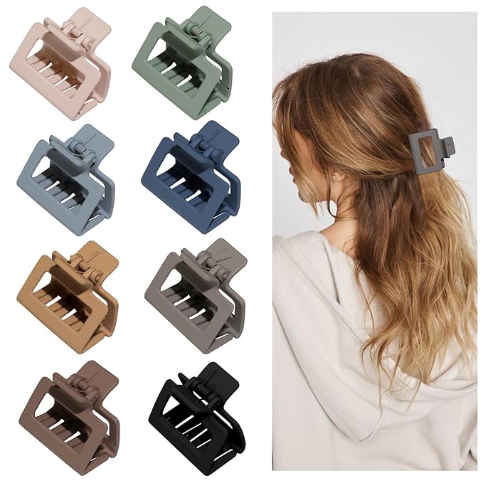 Cobinaan Medium Claw Hair Clips for Women & Girls, 2" Matte Rectangle Small Claw Clips for Thin/Medium Thick Hair, Nonslip Clip (8pcs Cool Color)