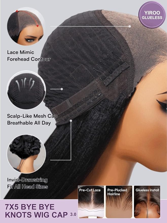 YIROO Bye Bye Knots Chestnut Brown Ombre Light Yaki Straight Wig Human Hair,7x5 Lace Front Glueless Wig with Drawstring,Pre Cut Pre Plucked Pre Bleached Knots Natural Hairline Wig for Women 26Inch