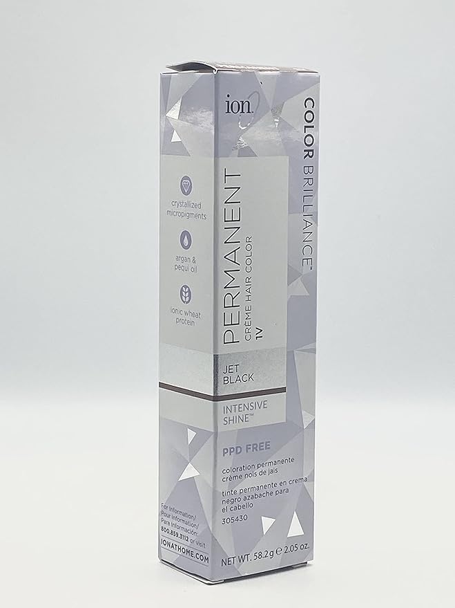 ion Permanent Creme Hair Color 1V Jet Black, Vegan, Cruelty Free, PPD Free, 100% Gray Coverage, Long Lasting, Fade Resistant Color, 2.05 oz