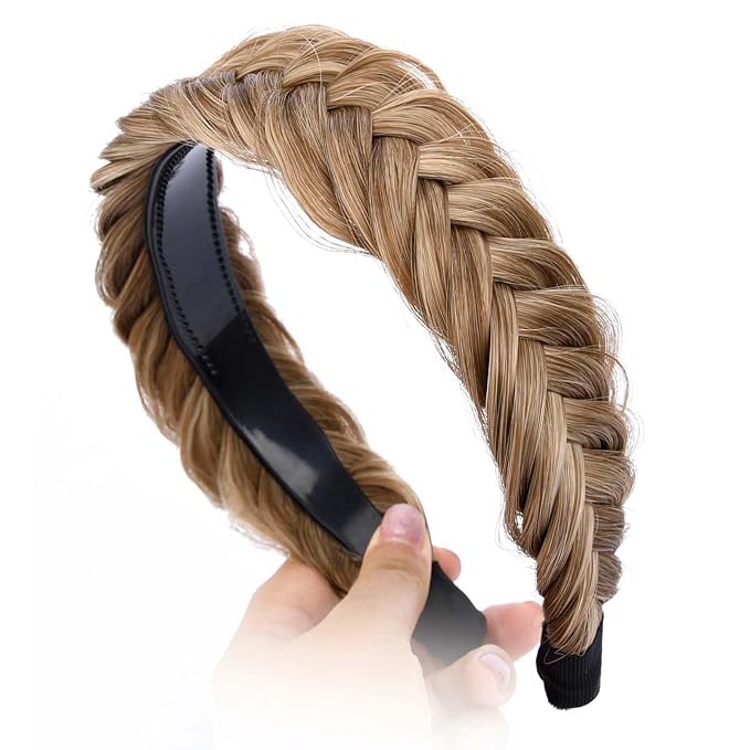 DIGUAN Wide Messy Braided Headband With Teeth Synthetic Hair Plaited Headband High Elasticity Braids Chunky Fishtail Braided Hair Band Hairpiece for Girls Women Beauty Accessory (Dirty Blonde)
