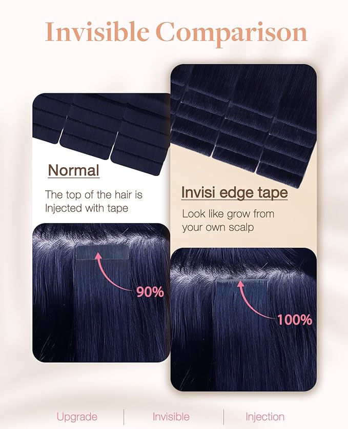 GOO GOO Invisi Edge Tape in Hair Extensions Human Hair, 1G Midnight Black, 20pcs 18inch 50g, Virgin Remy Hair, Seamless Injected Tape, Natural Look