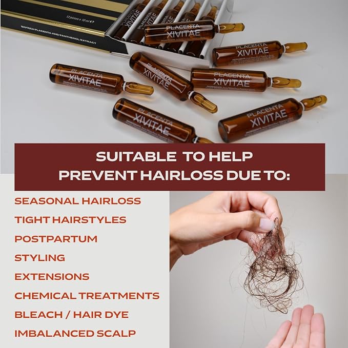 Placenta Hair Growth Treatment 12 x 10 ml - Nettle Ampoules for Hair Loss and Follicles Regrowth - Placenta Serum Enriched with Panthenol and Eucalyptus - Soothing Scalp Treatment