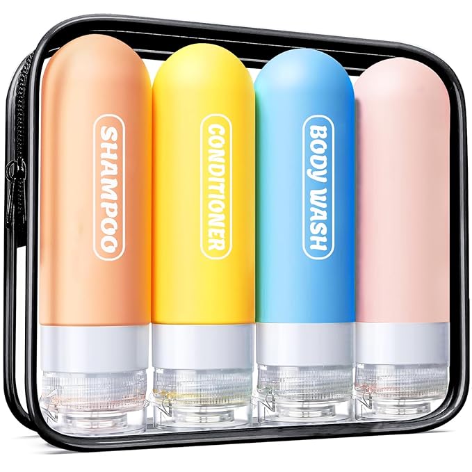 Silicone Travel Bottles for Toiletries with Labels, 3oz TSA Approved Squeezable Travel Size Containers, Leak Proof Travel Shampoo and Conditioner Bottles with Toiletry Bag (4 Pack, Light Color)