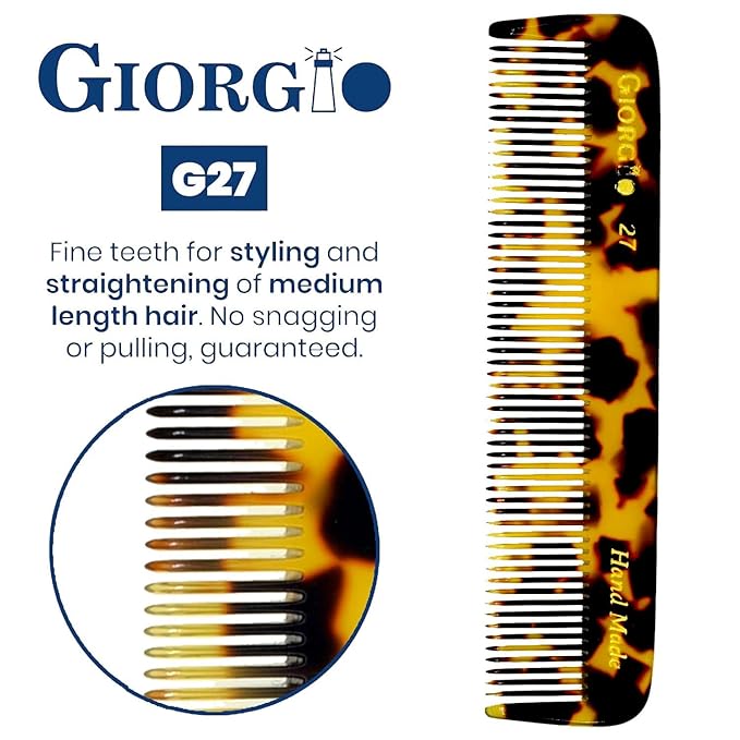 Giorgio G27 Handmade All Fine Tooth Pocket Comb, Hair Comb Straightener for Everyday Grooming Styling Hair, Mustache and Beard for Men Women and Kids, Use Dry or with Balms, Saw Cut and Polished