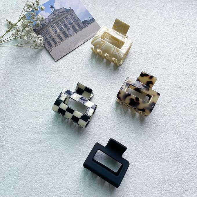 Checkered Tortoise Hair Clips for Women - 4Pcs 2" Small Acetate Claw Barrettes for Thick & Thin Hair