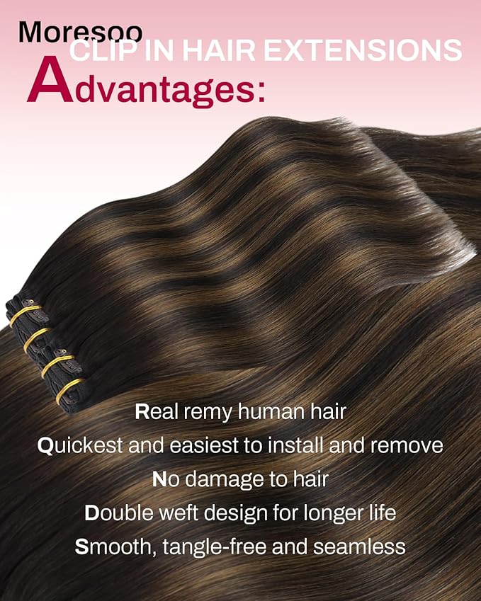 Moresoo Seamless Clip in Hair Extensions Human Hair Balayage Dark Brown to Chestnut Brown Hair Extensions Clip ins Short Straight Pu Skin Weft 120g/7pcs 14 inch