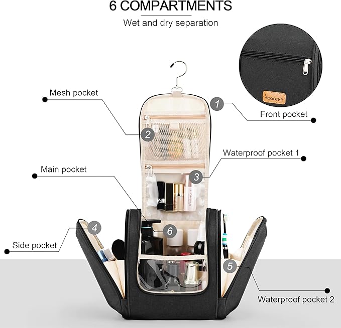 Travel Hanging Toiletry Bag for Women and Men, 6 Organizer Compartments, Holds Full Size Bottles, Extra Large Cosmetic Accessories, Makeup essentials, Bathroom Water-resistant Toiletries Bag, Black