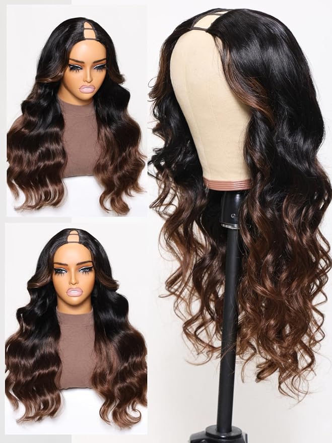 YIROO V Part Wig Human Hair Highlight Chestnut Brown Ombre Body Wave Human Hair Wig No Leave Out 12A Glueless Upgrade U Part Wigs Clip in Half Wig No Glue No Sew Beginner Friendly 150% Density 20inch