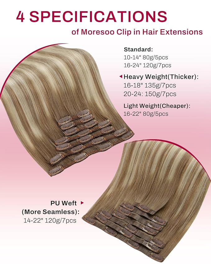Moresoo Clip in Hair Extensions Ombre Light Brown Mixed with Golden Blonde Hair Extensions Real Human Hair Clip ins Balayage Double Weft 7pcs/135g 18inch