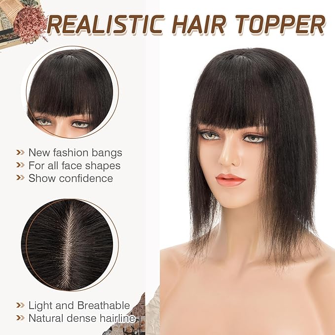 Rich Choices Hair Toppers for Women Real Human Hairs With Bang 100% Remy Human Topper for Thinning Hair Clip in Silk Base Topper 10 Inch #1B Natural Black