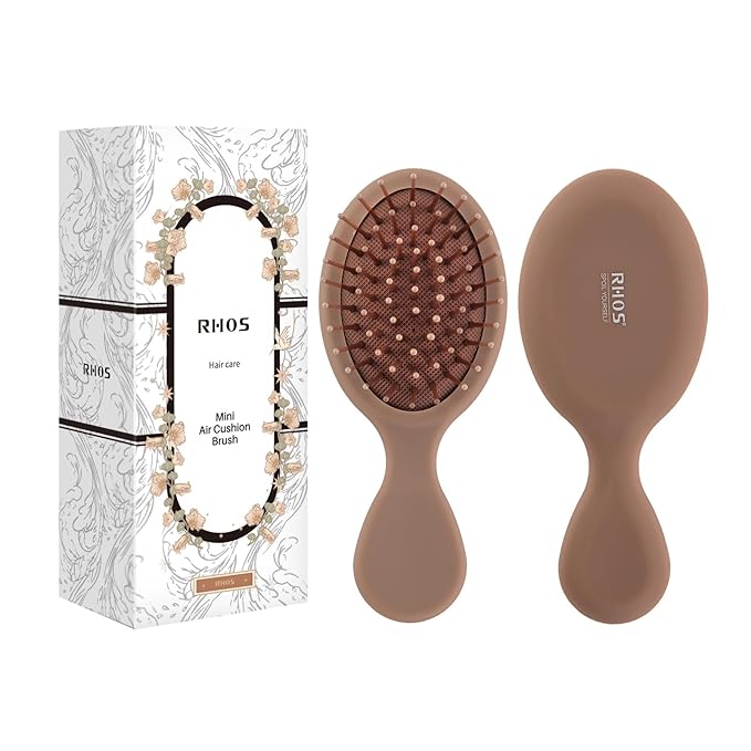 RHOS Mini Hair Brush for Women,Men and Kids-Travel Size Hair Brush for Purse,Pocket,backpack-Small Cushion Paddle Brush with Soft Bristles-Mini Detangler Brush for All Hair Types(1 Pack-Mocha)