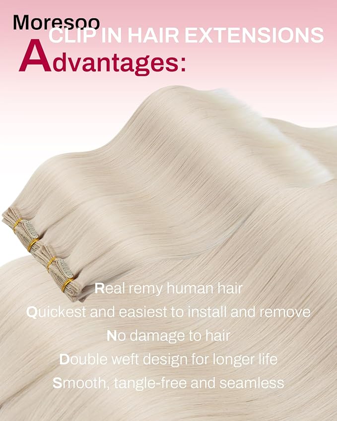 Moresoo Seamless PU Clip in Hair Extensions Real Human Hair 120g White blonde Human Hair Clip in Extensions Thick 18inch 7pcs to add volume for women daily use