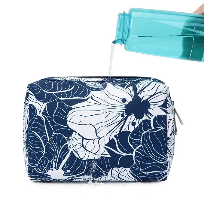 Narwey Cute Makeup Bag Travel Cosmetic Bag Organizer Toiletry Bag Make Up Bags with Compartments for Women Girls (Large, Blue Lotus)
