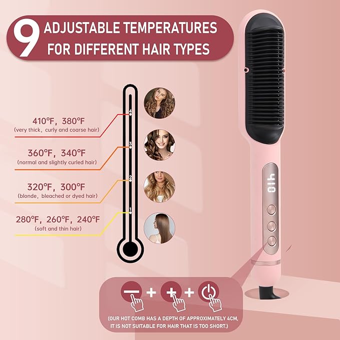 Negative Ionic Hair Straightener Brush with 9 Temp Settings, 30s Fast Heating Hair Straightening Comb with LED Display, Anti-Scald & Auto-Shut Off Hair Brush Straightener for Women (Pink)