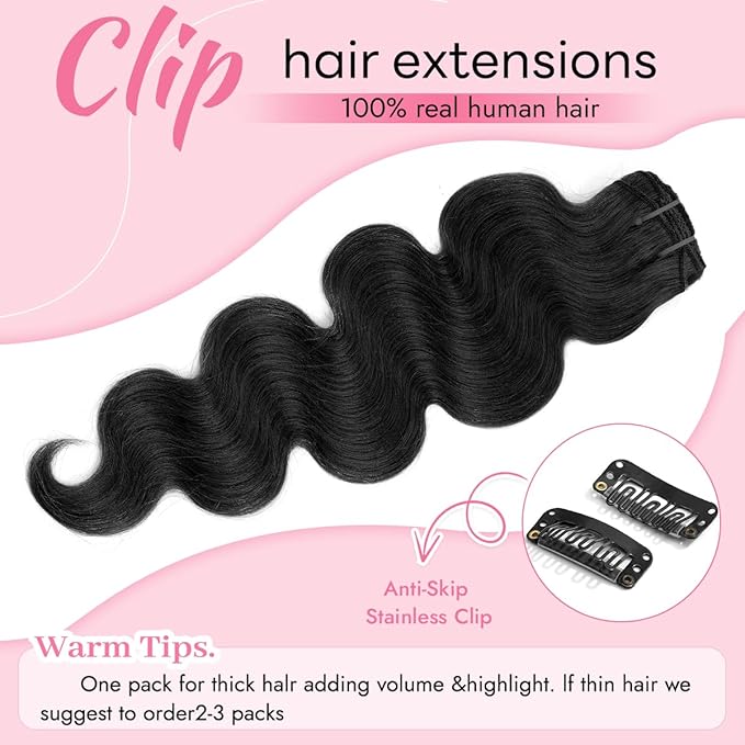 Clip in Hair Extensions Real Human Hair Body Wave 1B Natural Black Clip in 100% Brazilian Remy Human Hair Extensions 8pcs Per Set with 18 Clips Double Weft 16 Inch 90g/3.6oz