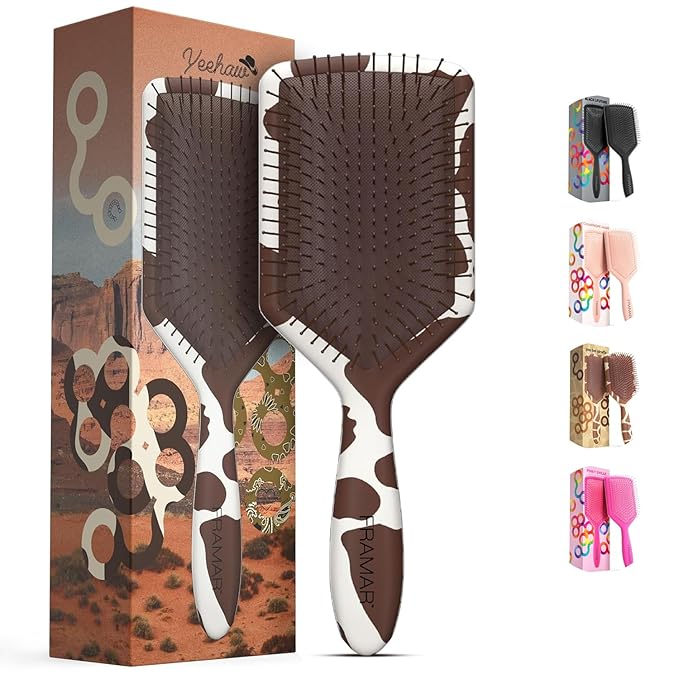 FRAMAR Paddle Hair Brush Detangler, Detangling Hairbrush For Women, Wet Hair Brush For Girls, Hair Detangler Brush, Wet Hairbrush, Hairbrushes, Girls Hairbrush Detangler, Reduces Frizz – Cow Print