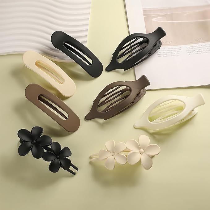 8 PCS Flat Hair Clips, 3 Styles Large Flat Claw Clips for Women, French Strong Hold Non-slip Duckbill Hair Claws for Thin Thick Hair(Matte)