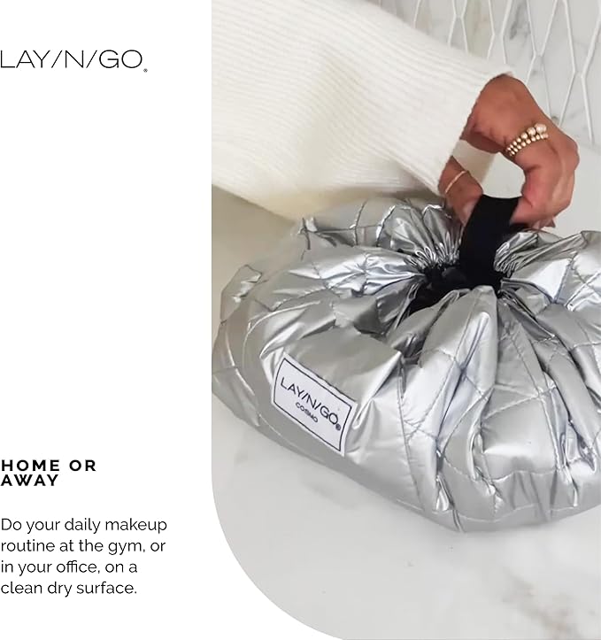 Lay-n-Go Cosmo Drawstring Cosmetic & Makeup Bag Organizer - Portable Drawstring Makeup Bag w/Zipper Pocket, Makeup Loops & More - Durable, Machine Washable Toiletry Bag (20", Comfort/White)