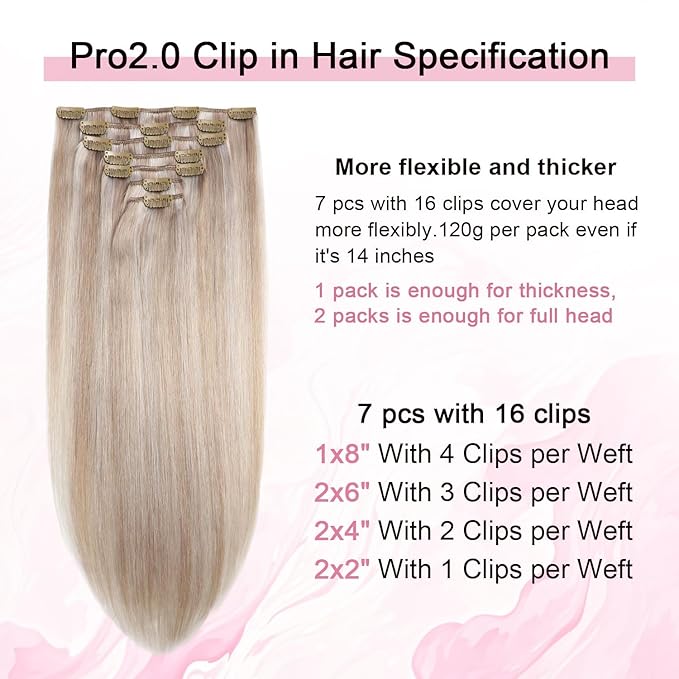 Pro2.0 Clip in Hair Extensions Real Human Hair 20inch 7pcs Color #18p1000 Ash Blonde with Bleach Blonde Remy Real Human Hair Extensions Clip ins 120g Thick Double Weft（#18P1000-20inch）
