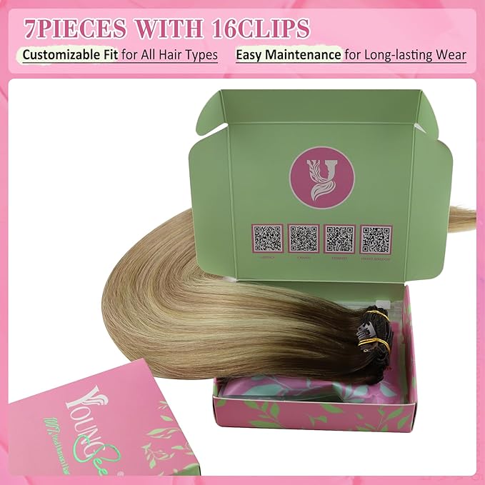 YoungSee Balayage Clip in Hair Extensions Walnut Brown Ombre Light Brown with Blonde Clip in Extensions Balayage Real Hair Extension Clip in Human Hair for Short Hair 12Inch 85G 7Pcs