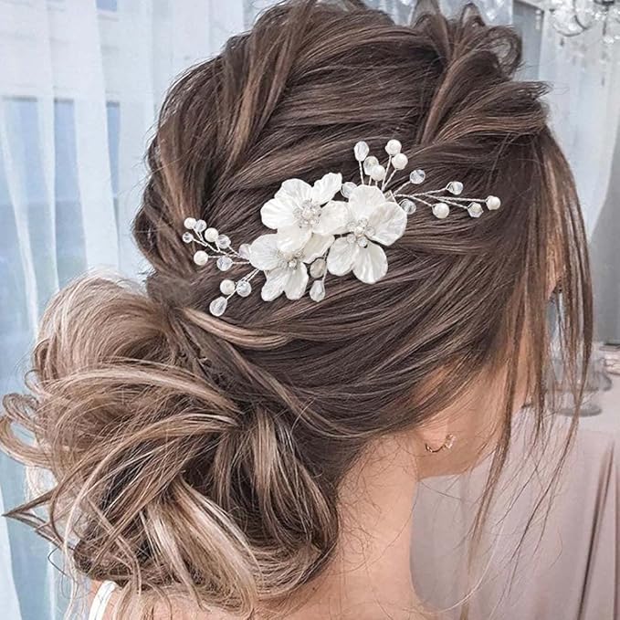 Asooll Flower Wedding Hair Barrette Clips Silver Bridal Hair Accessories Pearl Hair Pieces for Women (Silver)
