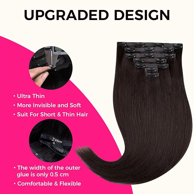 Lashey Seamless Clip in Hair Extensions Human Hair #2 Dark Brown Light Yaki Straight Clip in Extensions Real Human Hair 7pcs 110g 24 Inch PU Weft Natural Hair Extensions for Women