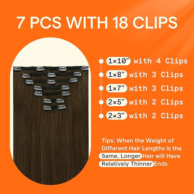 Full Shine Brown Hair Clip in Extensions Real Human Hair Medium Brown Invisible Clip in Hair Extensions Triple Weft Straight Thick Ends 16 Inch 7 Pcs 120 G