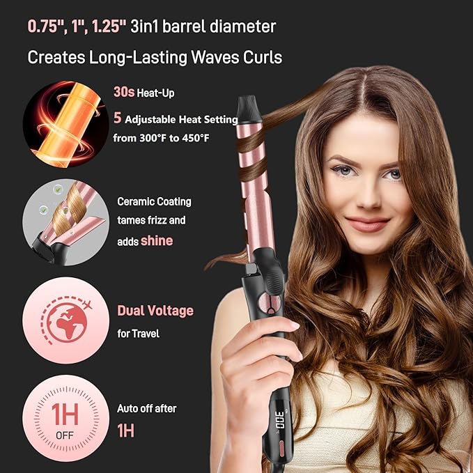 Rotating Curling Iron - 3 in1 Automatic Curling Irons with Interchangeable CurlingWand, 3/4, 1 1/4, 1 Inch for Lasting Beach Waves, Adjustable Temp, Instant Heat, Dual Voltage (Rose Gold)