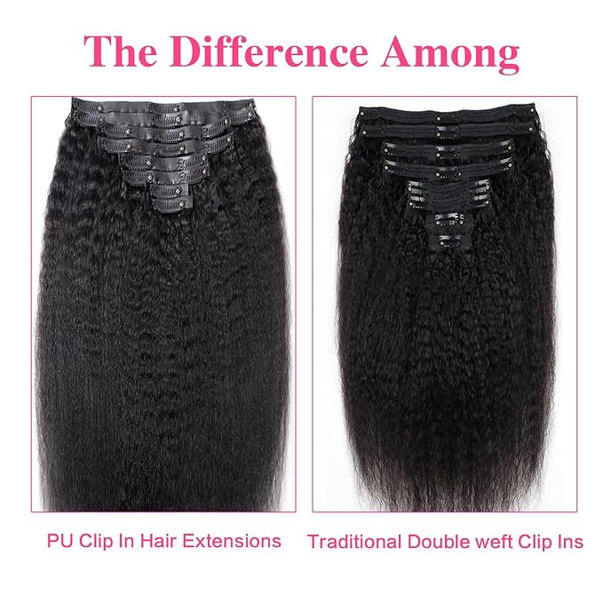 Seamless Clip In Hair Extensions Real Human Hair Invisible PU Weft Kinky Straight Clip Ins Human Hair Extensions 8pcs with 18Clips Per Set 120g(26inch,Natural Black)