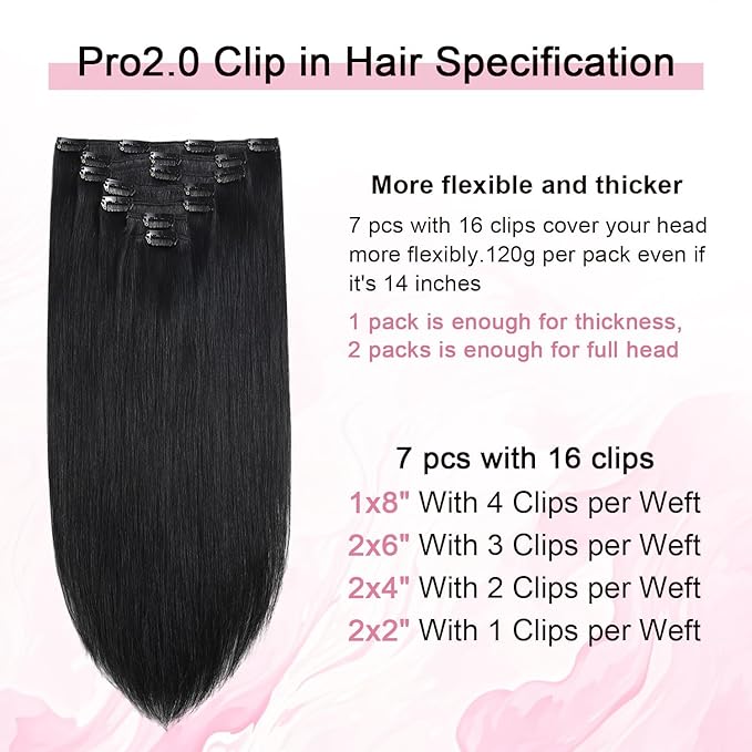 Pro2.0 Remy Real Human Hair Extensions Clip ins 120g Thick 7pcs Color #1 Jet Black Remy Clip in Hair Extensions Real Human Hair 16inch Seamless Double Weft for Women（#1-16inch）
