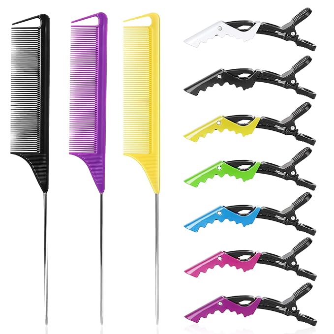 Hair Styling Combs and Clips Set - Rat Tail Teasing Combs with Steel Pin, Sectioning Alligator Clips for Braiding, Parting, and Salon Use