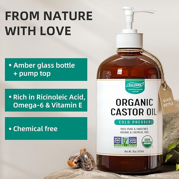 SYLVANA Organic Castor Oil (16oz Glass Bottle), USDA Certified Organic, Cold Pressed, Vegan, Hexane Free - 100% Pure Castor Oil for Nourishing Skin, Hair Growth, Lashes & Eyebrows