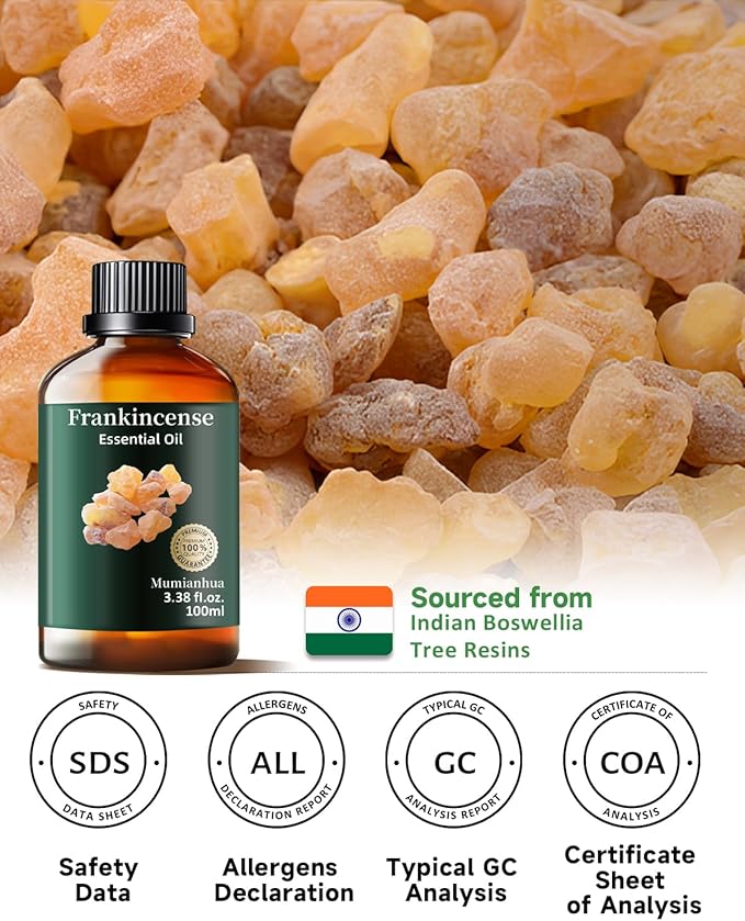 Mumianhua 100% Pure Frankincense Essential Oil Natural Frankincense Oil for Aromatherapy Therapeutic Grade Resin Oil for Skin, Meditation Diffuser & Candle Making | for Home & Office Focus 3.38 Fl Oz
