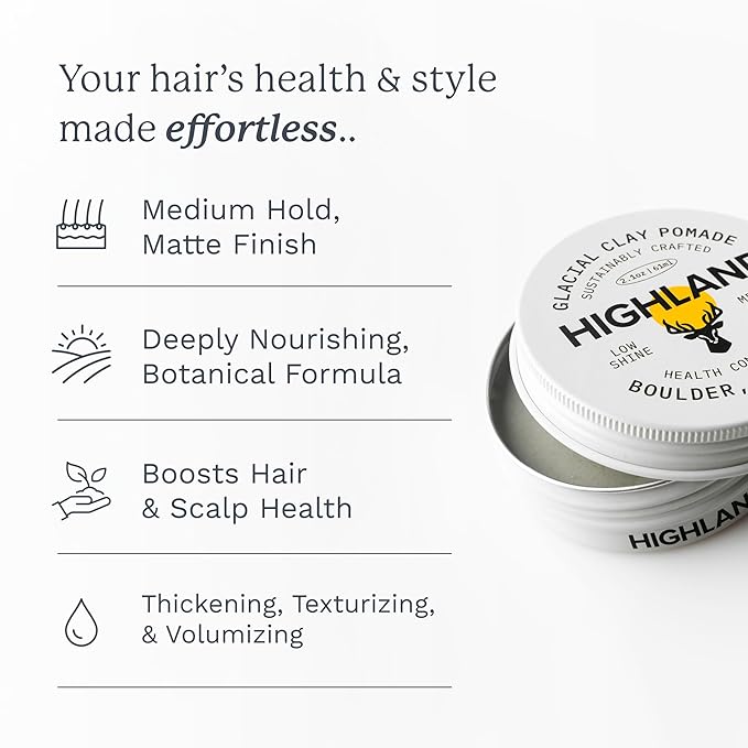 Highland Glacial Hair Clay Pomade - Award winning hair styling clay for men and women made with 100% all natural and organic ingredients that promote hair and scalp health. Low shine, Medium Hold.