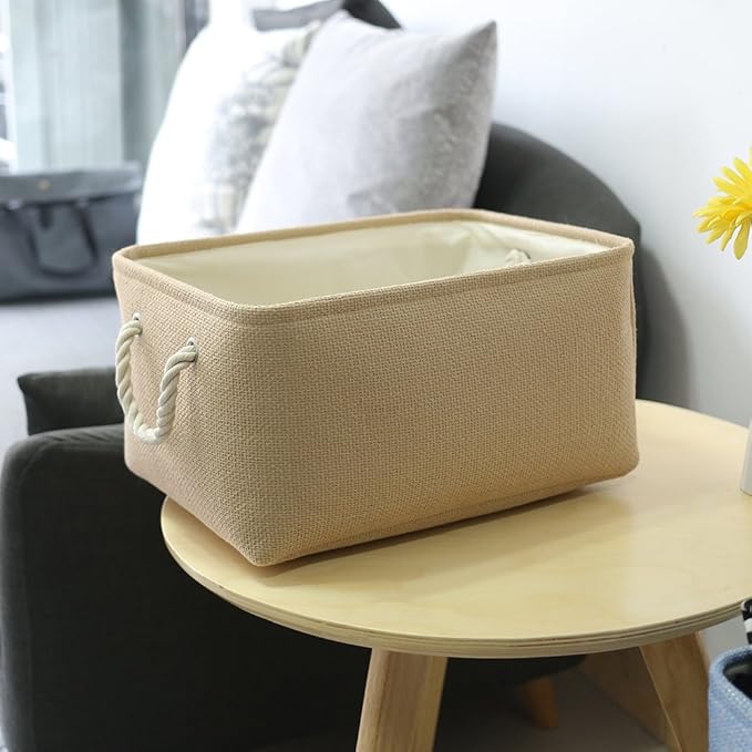 TheWarmHome Decorative Basket Rectangular Small Storage Basket Fabric Storage Bin Organizer Basket with Handles for Clothes Storage (Beige, 11.8L×7.9W×5.2H inch)