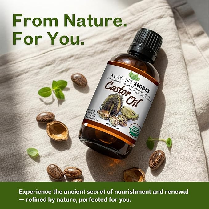 Mayan's Secret - Pure Cold-Pressed Castor Oil Organic Hexane-Free Unrefined 4 fl oz Glass Bottle – Natural Castor Oil for Hair Growth, Eyelashes, Eyebrows, Skin, Face & Body – USDA Certified